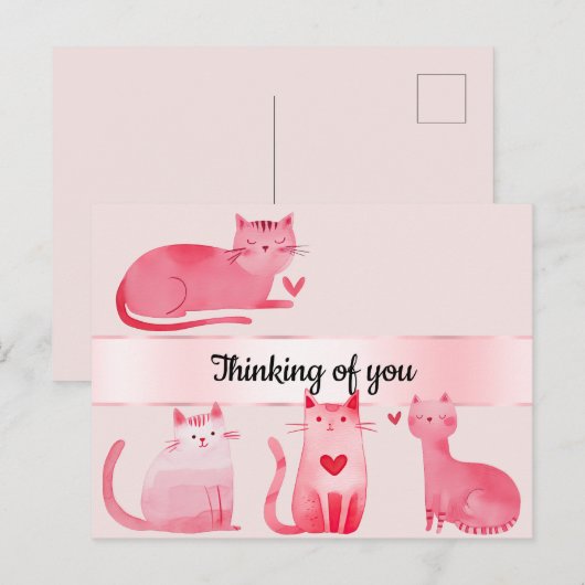 Blush Pink Hearts Katten Denken aan jou Briefkaart (Voorkant / Achterkant)