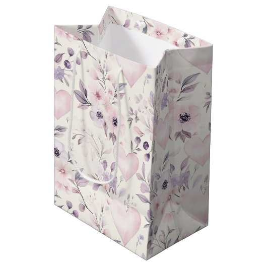 Blush Pink Hearts Purple Flowers Birthday Medium Cadeauzakje (Voorkant Gekanteld)