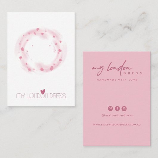 BLUSH PINK HEARTS WATERVERF STUD EARRING DISPLAY VISITEKAARTJE (Voorkant / Achterkant)