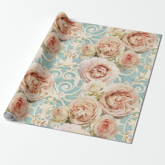  Blush Pink Heirloom Rozen Floral Damask Cadeaupapier (Uitgerold)