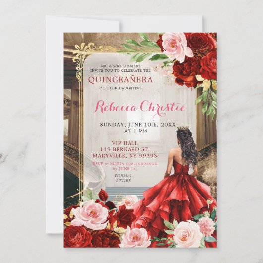 Blush Pink Helder Rood Bloemen Quinceañera Kaart (Voorkant)