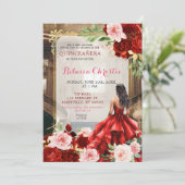 Blush Pink Helder Rood Bloemen Quinceañera Kaart (Staand voorkant)