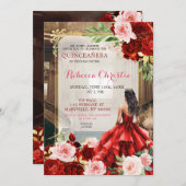 Blush Pink Helder Rood Bloemen Quinceañera Kaart (Voorkant / Achterkant)