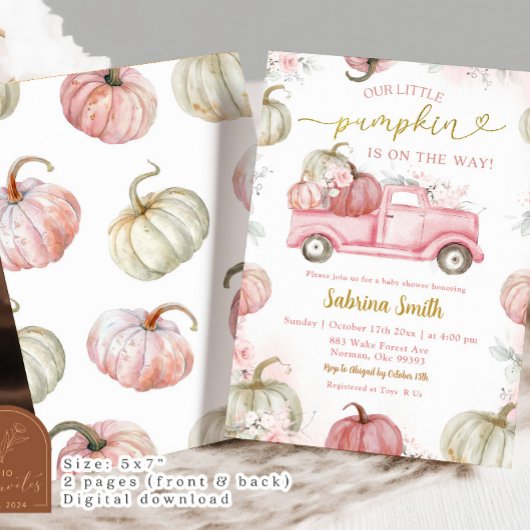 Blush Pink Herfst Pompoen Truck Baby shower Kaart