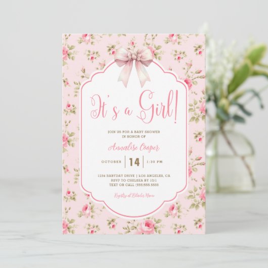 Blush Pink Het is een meisje Baby shower Kaart (Staand voorkant)