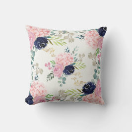 Blush Pink Hidrangea, Navy blue floral Pillow Kussen