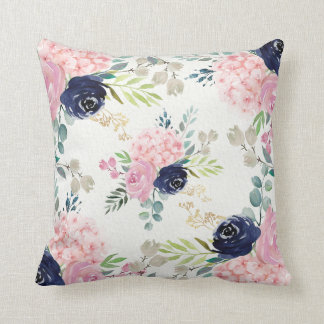 Blush Pink Hidrangea, Navy blue floral Pillow Kussen