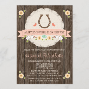 BLUSH PINK HOEFIJZER WESTERN COWGIRL BABY SHOWER KAART
