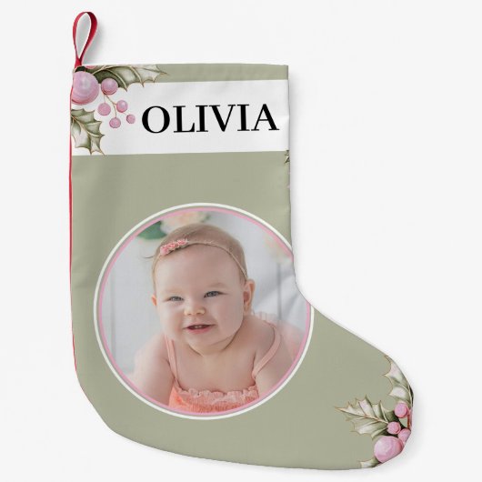 Blush Pink Holly Berry Christmas Stocking Kleine Kerstsok (Voorkant)