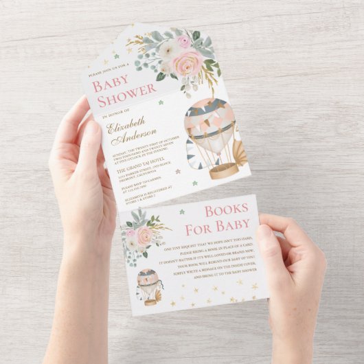  Blush Pink Hot Air Ballon Baby shower All In One Uitnodiging (Afscheurbaar)