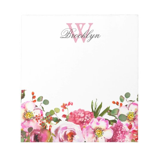 Blush Pink Hot Pink Garden Floral Monogramed Notitieblok (Voorkant)