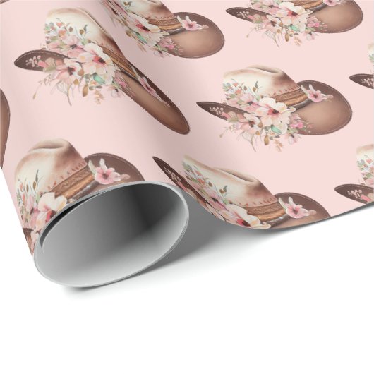 Blush Pink Howdy Cowgirl Bloemen Westerne Petten Cadeaupapier (Rol Hoek)