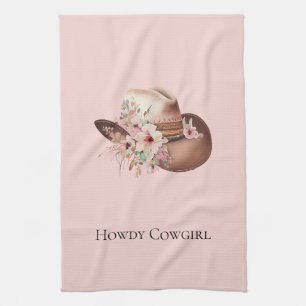 Blush Pink Howdy Cowgirl Bloemen Westerne Petten Theedoek