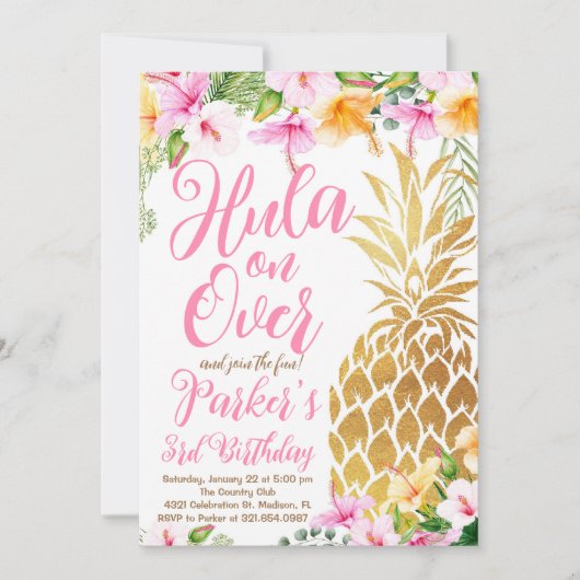 Blush Pink Hula over, Luau, Ananas Verjaardag Kaart (Voorkant)