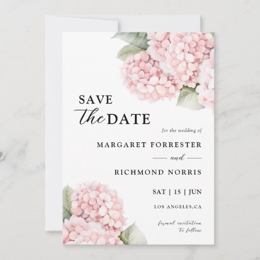 Blush Pink Hydrangea Wedding Save The Date Kaart (Voorkant)