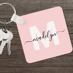 Blush Pink Initial Name Monogram Sleutelhanger<br><div class="desc">Create Your Own Stylish Modern Custom World Traveler Girly Blush Pink Monogram Square Keychain. This cute square keychain brings a fun and modern touch to your everyday essentials. The design features a bold white monogram initial centered on a soft blush pink background, with your name in elegant black script layered...</div>