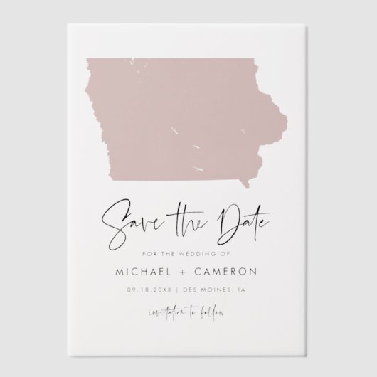 Blush Pink Iowa Kaart Minimalist Bewaar de datum Vellum Uitnodigingen (Voorkant)