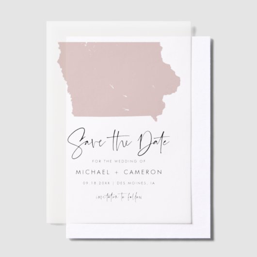 Blush Pink Iowa Kaart Minimalist Bewaar de datum Vellum Uitnodigingen (Offset)
