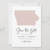 Blush Pink Iowa Map Minimalist Script Weddenschap Save The Date (Voorkant)