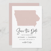 Blush Pink Iowa Map Minimalist Script Weddenschap Save The Date (Voorkant / Achterkant)