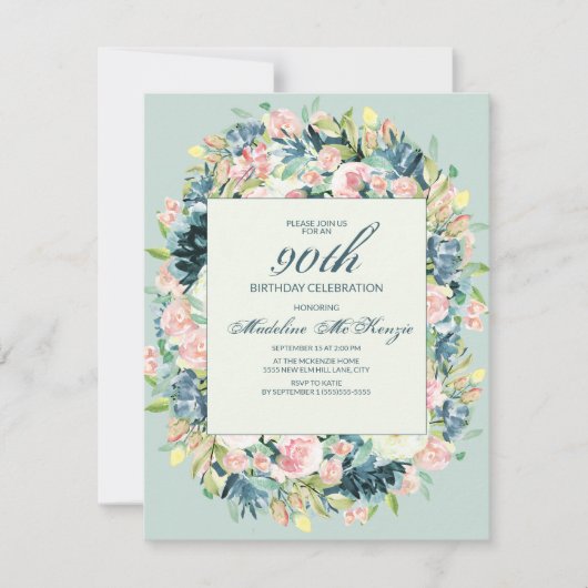 Blush Pink Ivory Floral Mint 90th Birthday Kaart (Voorkant)