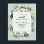 Blush Pink Ivory Floral Mint 90th Birthday Kaart<br><div class="desc">Elegant blush roze en ivoorcrème waterverf floral with sage and green leaves on a  botanical mint green 90th verjaardagsfeest party call for women</div>