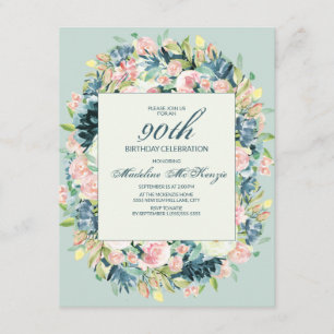 Blush Pink Ivory Floral Mint 90th Birthday Kaart