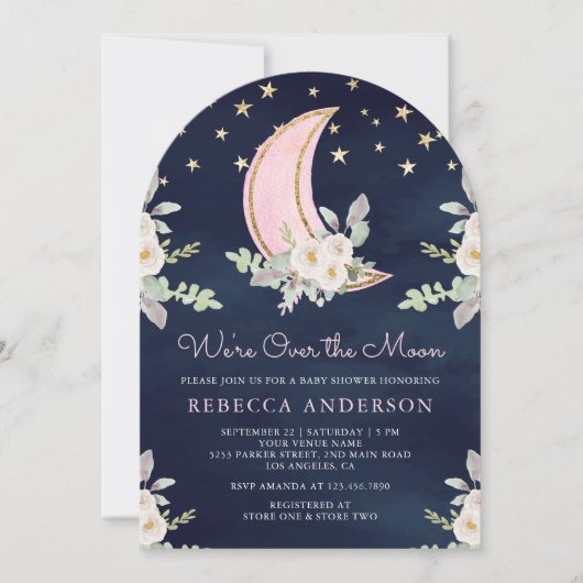 Blush Pink Ivory Floral Moon Arch Navy Baby shower Kaart (Voorkant)