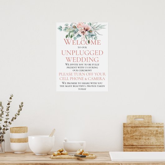 Blush Pink Ivory Floral Unplugged Wedding Ceremony Poster (Keuken)