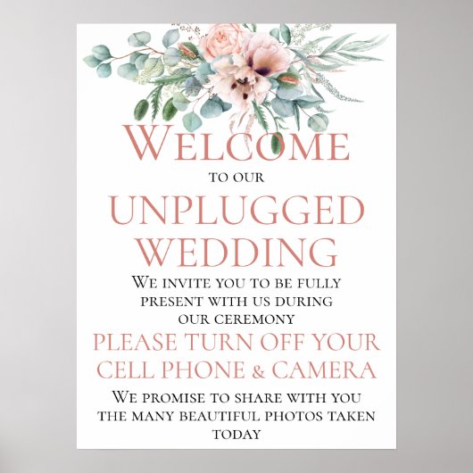 Blush Pink Ivory Floral Unplugged Wedding Ceremony Poster (Voorkant)