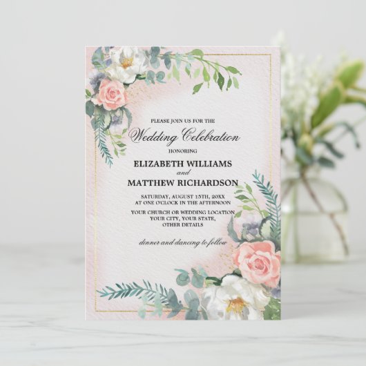 Blush Pink Ivory Floral Waterverf Wedding Kaart (Staand voorkant)