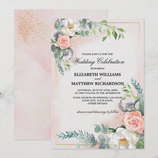 Blush Pink Ivory Floral Waterverf Wedding Kaart (Voorkant / Achterkant)