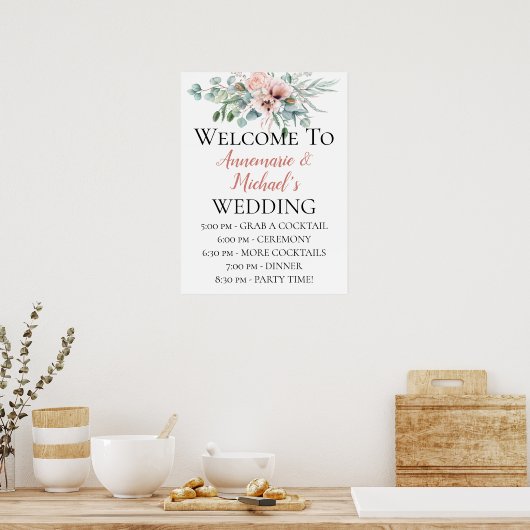 Blush Pink Ivory Floral Weddenschap Welkom Poster (Keuken)