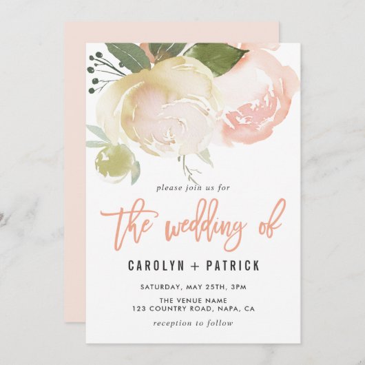 Blush Pink Ivory Peony Wedding Invitation Kaart (Voorkant / Achterkant)
