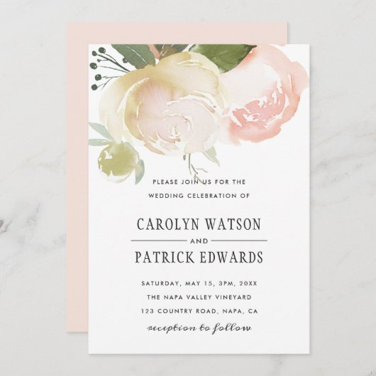 Blush Pink Ivory Peony Wedding Invitation Kaart (Voorkant / Achterkant)