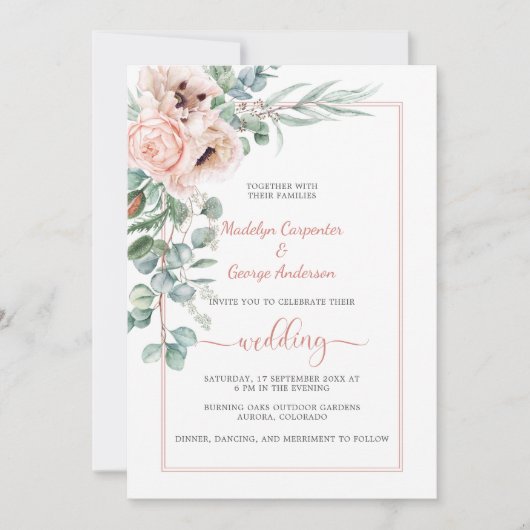 Blush Pink Ivory Poppies and Peonies Lijst Weddens Kaart (Voorkant)