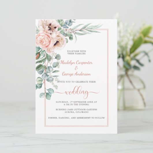 Blush Pink Ivory Poppies and Peonies Lijst Weddens Kaart (Staand voorkant)