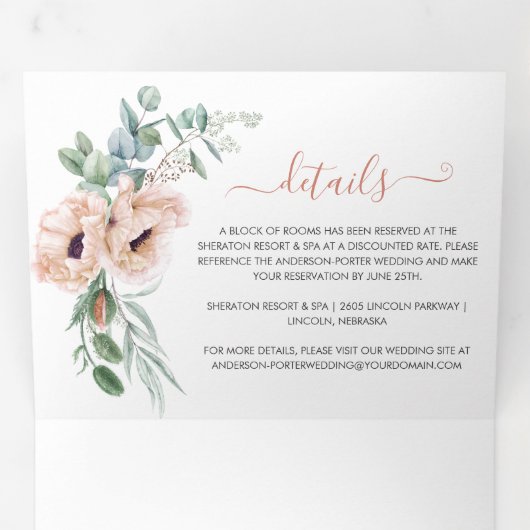 Blush Pink & Ivory Waterverf Floral Wedding | Drieluik Uitnodiging (Binnenzijde eerst)