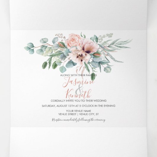 Blush Pink & Ivory Waterverf Floral Wedding | Drieluik Uitnodiging (Binnenkant midden)