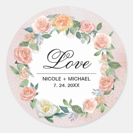 Blush Pink Ivory Waterverf Floral Wreath Wedding Ronde Sticker (Voorkant)