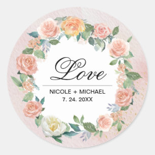 Blush Pink Ivory Waterverf Floral Wreath Wedding Ronde Sticker