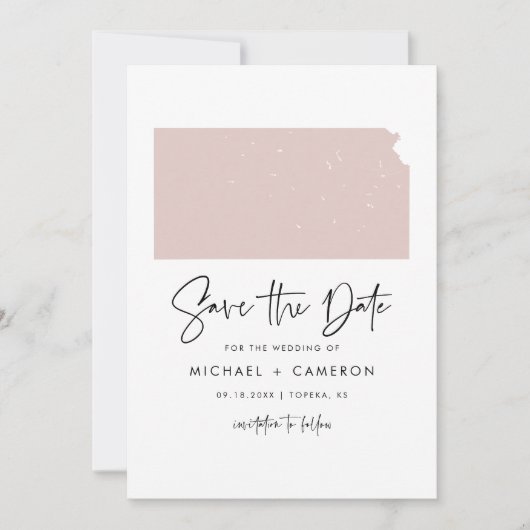 Blush Pink Kansas Map Minimalist Script Weddenscha Save The Date (Voorkant)