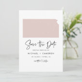 Blush Pink Kansas Map Minimalist Script Weddenscha Save The Date (Staand voorkant)