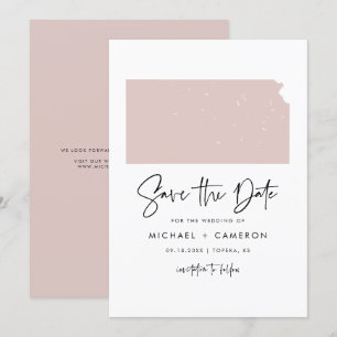 Blush Pink Kansas Map Minimalist Script Weddenscha Save The Date