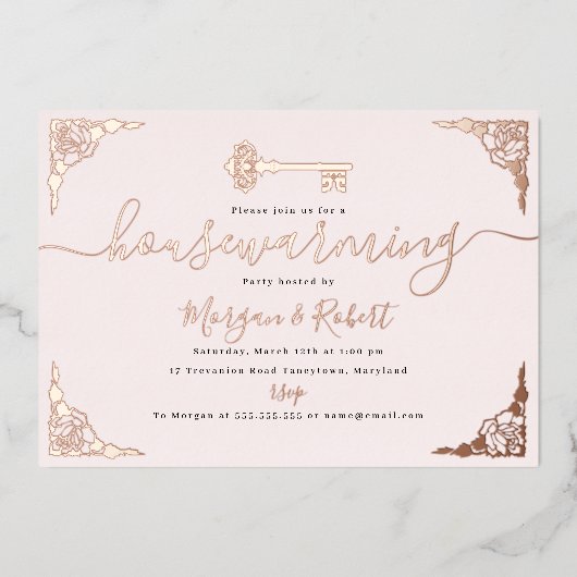  Blush Pink Key Housewarming Party Folie Uitnodiging (Voorkant)