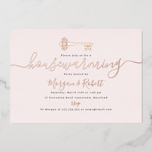Blush Pink Key housewarming party Folie Uitnodiging (Voorkant)