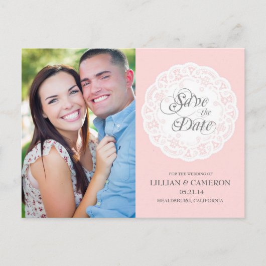 Blush Pink Lace Doily Save the Date Briefkaart (Voorkant)