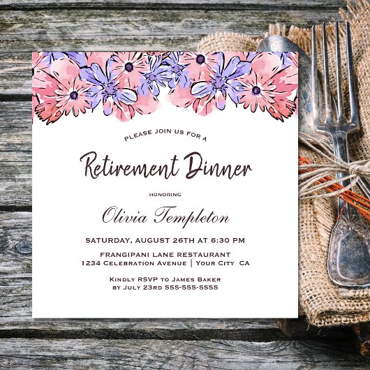 Blush Pink Lavender Floral Retirement Dinner Kaart