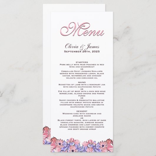 Blush Pink Lavender Floral Wedding Menu (Voorkant / Achterkant)