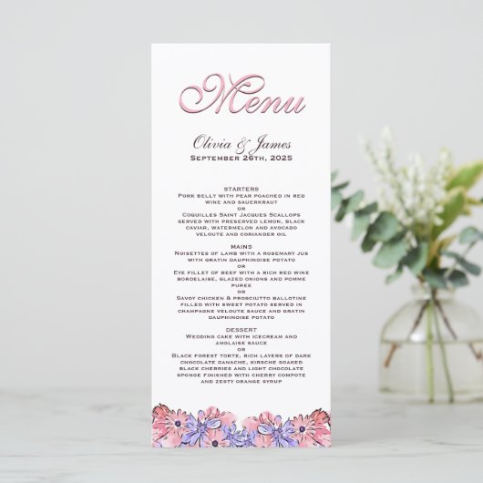 Blush Pink Lavender Floral Wedding Menu (Staand voorkant)
